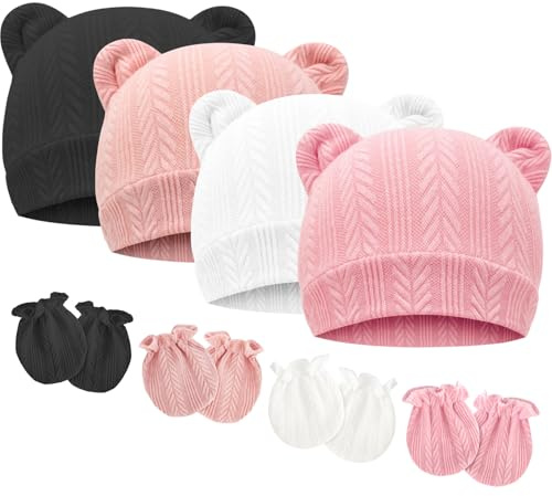 DRESHOW Ensemble Bonnet et Moufles Bébé Bonnet Bebe Naissance | Pour 0-6 Mois, Coton pour Bébé, Bonnet Tricoté à Oreilles D'ours et Moufles Anti-griffures
