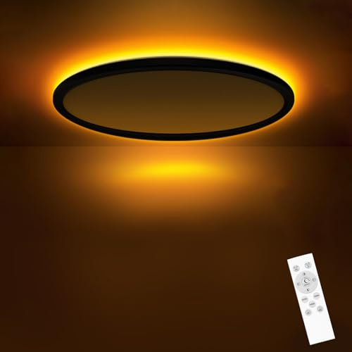 slochi LED Deckenleuchte, 22CM 15W 1500LM Deckenlampe Flach Dimmbar mit Fernbedienung, 1800K Nachtlicht Warm, 3000K-6500K Schlafzimmer Lampe für Schlafzimme Wohnzimmer Kinderzimmer Rund, Schwarz