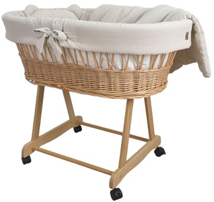 Wiklinopol Stubenwagen aus Weide mit Gestell & Matratze Amelia – Moseskorb in Natur – Set Musselin-Bettwäsche in Beige – Weidenkorb, Tragbar, Ideal für Neugeborene