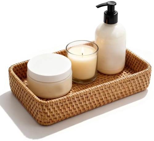 Rattan Bathroom Vanity Trays, Small Woven Wicker Entryway Decorative Basket, Toilet Roll Basket, Rattan Storage Basket for Keys Candle Ornament, Perfume, Cosmetics