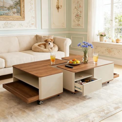 TerraVibe Holz Couchtisch, Couchtisch mit Schublade, Stubentisch mit 8 Feststellbaren Rollen, Wohnzimmertisch mit Stauraum, Coffee Table Living Room, Couchtische für Wohnzimmer, Haus, Büro (A)