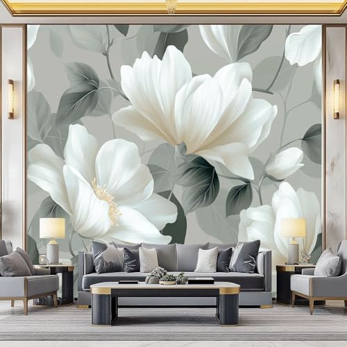 Fototapete Graue Weiße Blüten 250x175 cm 3D Vliestapete Wandbild, Mustertapete Moderne Wandtapete, Wohnzimmer Schlafzimmer Kinderzimmer Büro Flur Wanddeko