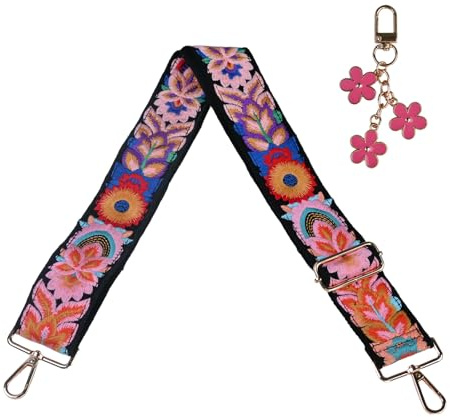 Adjustable Black Bag Strap 85-135cm, Floral Pattern Shoulder Strap Replacement for Handbags, Crossbody Bag Straps, Durable 5cm Wide Strap