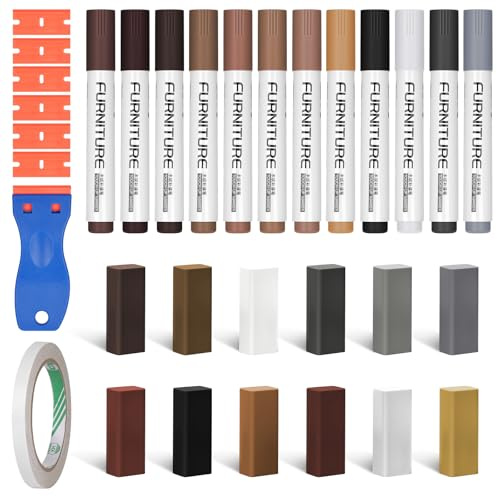 NUTKIT 12 Farben Hartwachs Reparaturset mit 12 Stück Holzmarker, Schaber | und 6 Kunststoffklingen, Laminat Reparaturset, Reparatur Set für Holzkitt, Parkett＆Vinylboden, von Kratzern und Löchern