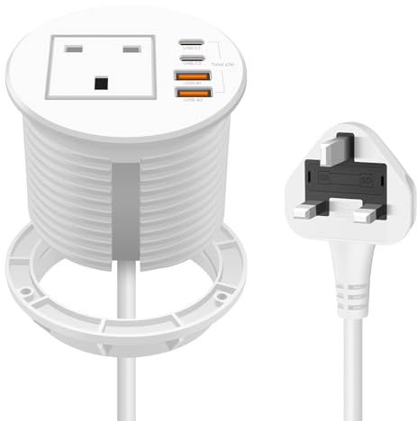 Jgstkcity Recessed Power Socket, 67W USB‑C, Flush-Mount, White | Desk Power Grommet, 4 USB Ports, 80mm Cutout, Clutter-Free Desktop, Ideal Workspace Accessory