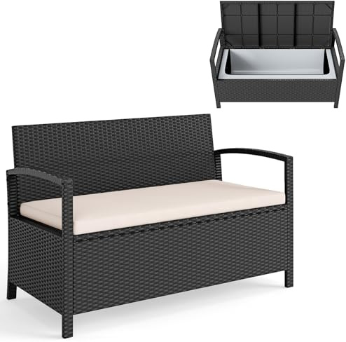 COSTWAY Gartenbank Polyrattan mit Stauraum und Kissen, wetterfeste Truhenbank, 2-Sitzer Balkonbank mit integrierter Kissenbox, Sitzbank für Garten, Balkon, Terrasse, 129 x 61 x 77 cm (Beige)