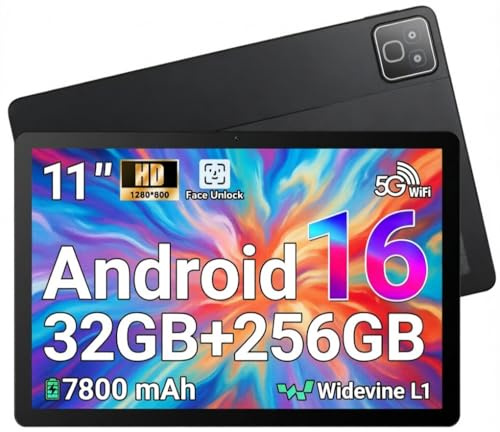 TT.KIDS 11 Pouces Tablette Android 16, 32Go RAM 256Go ROM (1To TF Extensible), 7800 mAh, écran HD 1280 * 800, Widevine L1, WiFi 6 et BT5.4, Doubles Caméra Android Tablettes Pad, Noir