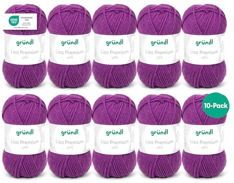 Gründl Lisa Premium Uni stick- och virkgarn (mjuk och ulliknande karaktär, lättvårdat tvättbart stickgarn tillverkat av 100% polyakryl, 50 g/133 m, nåltjocklek: 3,5 – 4,5, 10 nystan á 50 g), lila