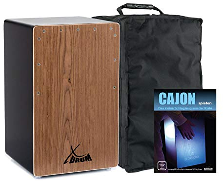 XDrum Cajon El Bajo Bass Port Black/Walnut Set - Cajon mit Bass POrt, Edelholz-Furnier-Schlagflächen & fest installiertem Snare Teppich inkl. Gigbag & Cajonschule für Einsteiger