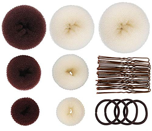 Aipaide 7 stück Haardonut Set, Damen Haarknoten Donut-Duttkissen Haarstyling Haarschmuck mit Haarclip und Haar Gummiband, Beige und Braun