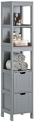 SoBuy Badezimmerschrank Hochschrank Badezimmer Badschrank schmal mit 3 offenen Fächern und 2 Körben Badregal Schmal 30cm Breit Badmöbel Grau für Badezimmer, kleine Räume 30x30x144cm FRG126-SG