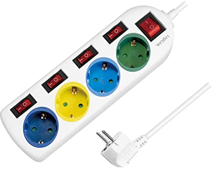 LogiLink LPS257 - Regleta de 4 enchufes (CEE 7/3), con 5 interruptores de Encendido/Apagado, con Obturador de Seguridad Integrado (Mayor protección táctil), Color: Multicolor y Blanco
