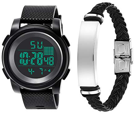 HshDUti Montre de sport numérique pour homme avec écran LED, grand cadran militaire, étanche, décontracté, lumineux, chronomètre, alarme, simple montre militaire avec bracelet blanc