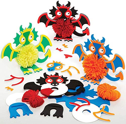 Baker Ross FE247 Drachen Pom Pom Bastelset für Kinder - 3er Pack, Basteln für Kinder am Kindergeburtstag, Kindergarten oder Schule