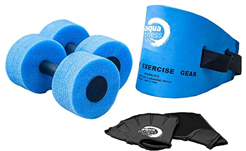 New Aqua 6-Piece Water Fitness Set – Exercise Equipment for Water Aerobics and Other Pool Exercise – Includes Aquatic Swim Belt, Resistance Gloves, and Dumbbells