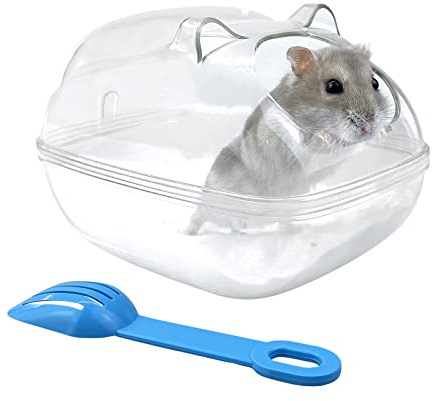 Andiker Bagno di criceto, Contenitore da bagno di sabbia di criceto trasparente vasca da bagno per animali domestici piccoli Sauna bagno con pala Cassetta per criceto Sirio Jerbo Ratas (M)