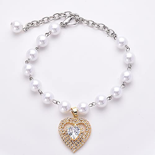 RayMinsino Haustier-Herz-Katzen-Perlen-Halskette mit glänzenden Edelsteinen, Perlen-Strass-Halsband für kleine Katzen und Hunde, Hochzeitsschmuck