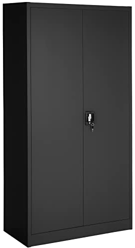 tectake Aktenschrank, Spind Schrank, Mehrzweckschrank, Garderobenschrank mit Kleiderstange, Haushaltsschrank mit 6 Fächern, Aktenschrank abschließbar, Ink. Einlegeböden,180x80x40cm – schwarz