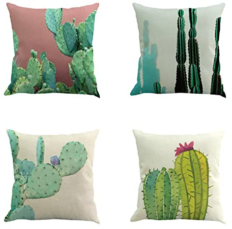 Kuddöverdrag 35 x 35 cm set med 4 gröna kaktus dekorativa kuddöverdrag 14 x 14 tum modern design mjukt linne fyrkantigt kuddöverdrag för vardagsrum hem kontor soffa bil trädgård kuddfodral