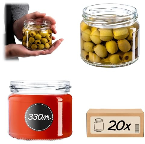KADAX Lot de 20 bocaux en Verre 330ml Ø82 à Pois Rouges – Couvercle Twist-Off hermétique TO82 – pour confitures, conserves, cornichons, Miel & Fermentation