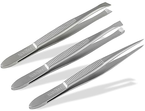 Solingen Profi Pinzetten Set Haar Zupfpinzetten 3-Teilig Made in Germany | Präzise Solinger Augenbrauenpinzette aus rostfreiem Edelstahl Spitz Gerade Schräg zum Zupfen von kleinsten Gesichtshärchen