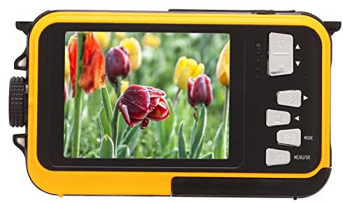 Waterproof Digital Camera, Dual Screens Waterproof Digital Camera 2.7K Video 10ft Waterproof for Shooting (Yellow)