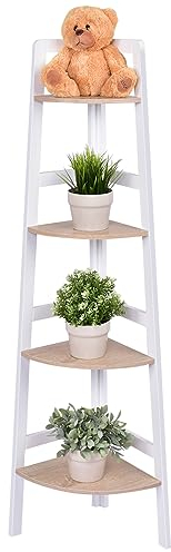 HOMASIS Scaffale angolare aperto a 4 livelli, decorativo in legno, in piedi per soggiorno, bagno, balcone, stoccaggio per piante, bianco e naturale