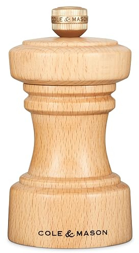 Cole & Mason Hoxton Salzmühle aus natürlicher Buche, korrosionsfreier Keramikmechanismus, kompakte Salzmühle mit einstellbarem Mahlgrad, Buchenholz, 104 mm, Gewürzmühle