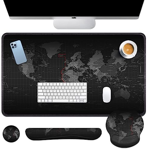 Arttown World Vintage City Schreibtischunterlage, Sea Earth America Mauspad-Set mit Handgelenkstütze, 4-in-1 großes Mauspad + Tastatur-Handgelenkauflage + Maus-Handgelenkauflage + Untersetzer mit