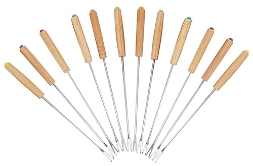 Virsus 12 Forchette da Fonduta 4905, Lunghezza 24 cm, Forchettone a 2 Punte in Acciaio Inox e Manico in Legno, 6 Colori, utensile per Fonduta di Formaggio, Barbecue, Feste ed Eventi