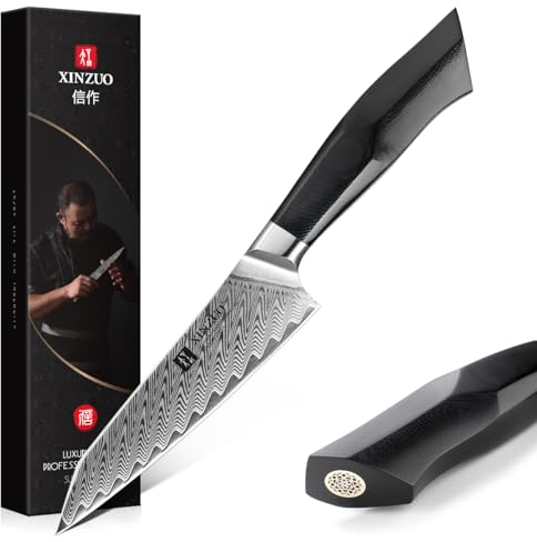 XINZUO 12.8cm Cucina Coltello Universale Acciaio Damasco, Coltello Multiuso Multifunzione Tagliente Coltelli per Sbucciare, Cuoco Coltelli per Frutta e Verdure, Manico Ergonomico in G10 Nero