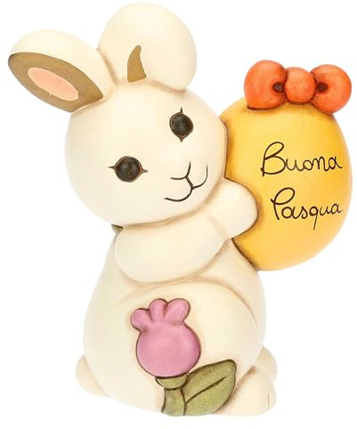 THUN, Coniglietta Joy con Uovo in Ceramica Decorata a Mano, Versione Grande, Linea Sorprese di Pasqua, 14.2 x 10.5 x 16.5 cm h