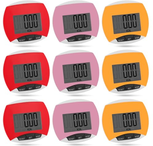 Copkim 9 Pcs Simple Pedometers Bulk for Walking Steps and Miles Walking Step Counters with Calories Burned Portable Clip Step Tracker for Seniors Man Women Jogging Hiking Running (Red, Pink, Yellow)