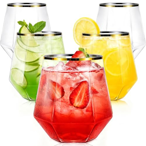 Maaacute 40 Pcak Plastic Stemless Wine cocktail Whiskey Champagne Glasses, 12 Oz Gold Rim Disposable Clear Unbreakable Cups for Party Bars Wedding Tasting (Diamond-shaped)