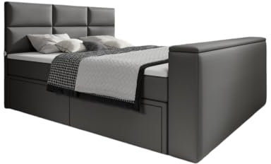 Boxspringbett Citaro 180x200 Doppelbett Polsterbett Bett mit TV Lift, USB-Anschluss und Stauraum | Bezug: Kunstleder | Farbe: Grau | Härtegrad: H3 (70-100kg)