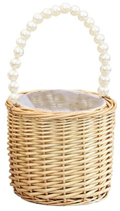 AONYAYBM Blumenmädchen-Korb, Niedlicher Handgewebter Weidenkorb, Kleiner Korb mit Griff, Mehrzweck-Picknick-Obstkorb mit Kunststoff-Perlengriff für Zuhause, Garten, Hochzeit, Party,(B-Khaki)