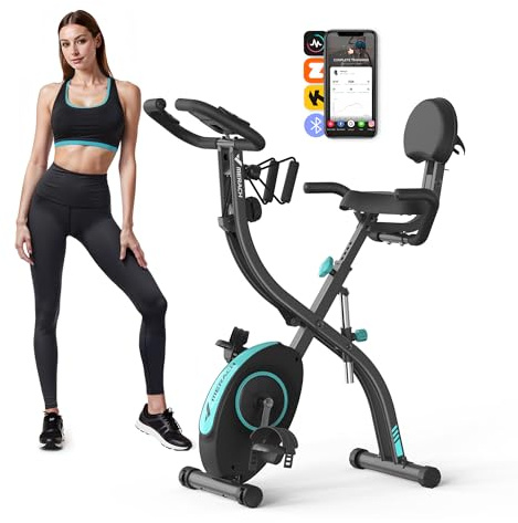MERACH Foldable Exercise Bike - Exclusive APP for Customizable Plans, 16-Level Magnetic Resistance Folding Stationary Exercise Bike, 300lbs Capacity & Upgraded Comfort Seat Cushion