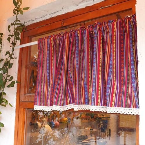 Ricemru Ethno Streifen Scheibengardinen Kurzstores Blickdicht Küche Kurz mit Häkelborte Boho Azteken Küchegardinen Kurzvorhang Bistrogardine Landhausstil Verdunkelung,140x40