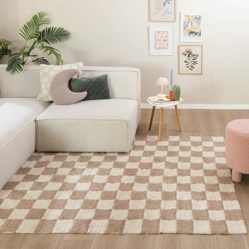 FRAAI | Home & Living Retro Teppich - Gambit Beige Weiß - 80x150 cm | Symmetrische, Blöcke - Retro - Wohnzimmer, Schlafzimmer - Fellteppich