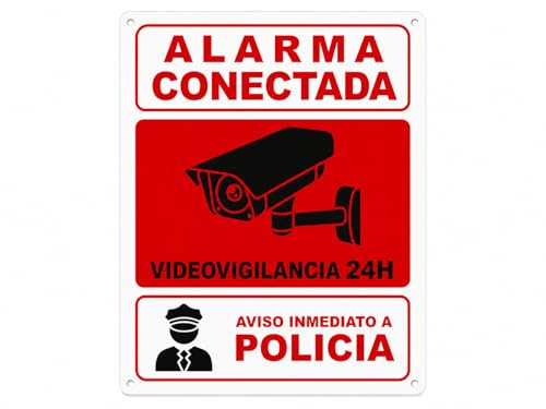 Cartel Alarma Conectada y Videovigilancia 24H, Placa Disuasoria Alupanel 3 mm, Señal Exterior Aviso Policía Casa Negocio Garaje