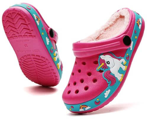 FRTUBOP Zuecos forrados de invierno para niños y niñas, con forro cálido, antideslizantes, zapatillas de jardín, zapatillas de luz, para interiores y exteriores, Rosa., 26 EU