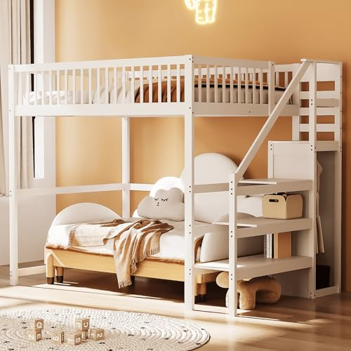 MQGPM Hochbett Kinderbett 140x200 cm mit Stauraum und Kleiderschrank, Holzbett Einzelbett mit Lattenrost und Treppe, Bettgestell aus Kiefernholz, für Kinder und Jugendliche, Ohne Matratze, Weiß