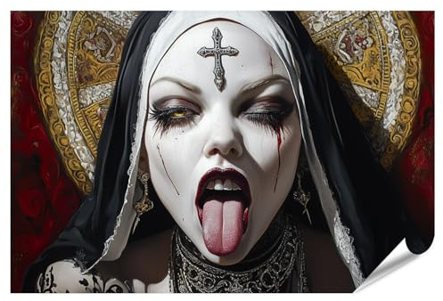 islandburner XXL Bild Poster Gothic Nonne mit ausgestreckter Zunge und Kreuz Premium Bilder Fotodruck