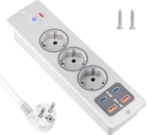 JACEPFY Einbausteckdose PD20W Tischsteckdose mit 2 USB C und 2 USB A, 3-Fach Versenkte Steckdose mit Schalter und 2M Kabel für Möbel Küche Tischplatte, weiß