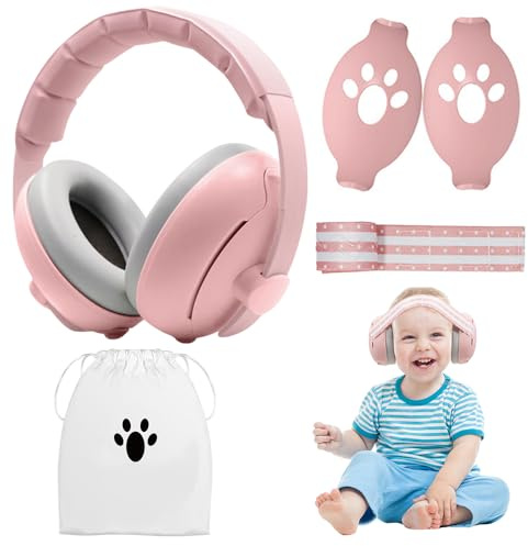 Mineup Casque anti-bruit 2 en 1 pour bébé et enfant jusqu'à 5 ans, réduction du bruit avec bandeau réglable pour améliorer le sommeil contre les dommages auditifs, rose, rose, Toddlers up to 5 Years