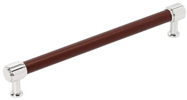 Signature Hardware 954067-12 Lazzara 12 Inch Center to Center Brown Leather Appliance Pull - Polished Chrome