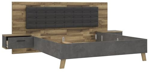 Bettgestell >RICCIANO< Das Bettgestell RICCIANO in Stabeiche und Betonoptik Dunkelgrau bietet eine Liegefläche von 180x200 cm, schwebende Nachtkonsolen und ist bis 220 kg belastbar.