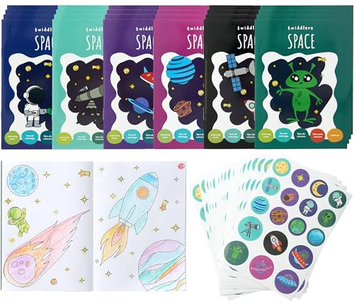 THE TWIDDLERS 24 Mini-Malbücher für Partytüten, mit Aufklebern - Weltraum-Thema, A6 Mini-Bücher für Kinder, Alter 4-8, perfekte kleine Malbücher für Partytüten-Füller-Geschenke