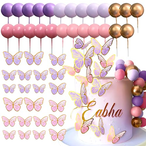 Butterfly Cake Decorations With Purple Pink Gold Balls Cake Toppers | Golden Balls Cake Toppers for Baby Shower Wedding Birthday Bridal Shower Party Decor