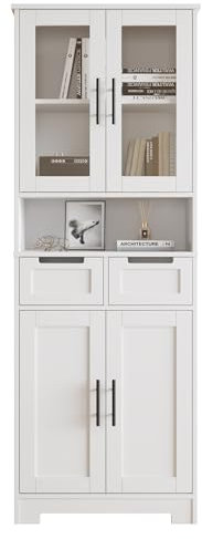 Bonnlo Küchenschrank, Vitrinenschrank, Hochschrank mit 4 Türen und 2 Schubladen, wohnzimmerschrank, für Wohnzimmer Küche Esszimmer Büro, 170x 60x30cm, Weiß